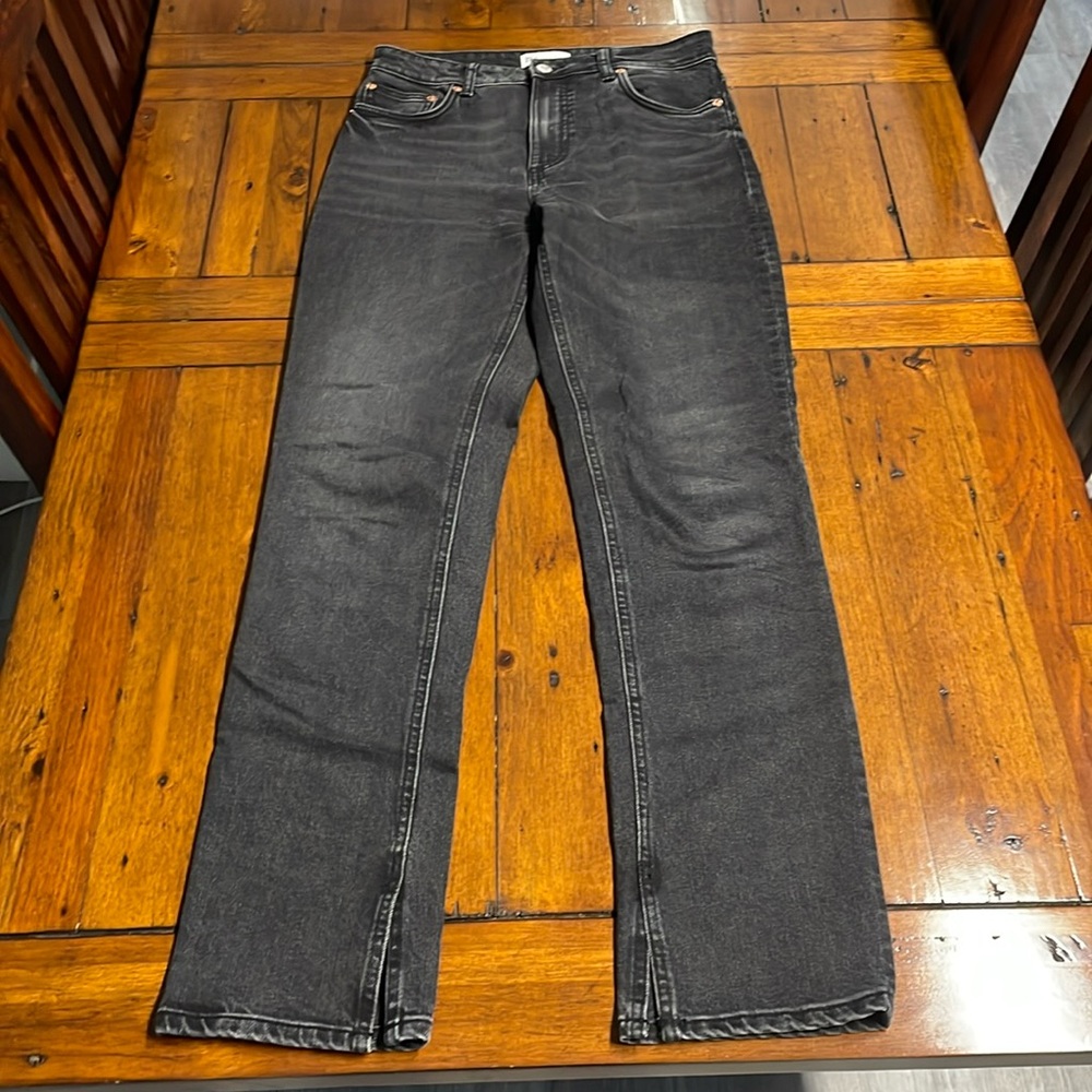 Zara straight leg split seam full length black wash denim jeans